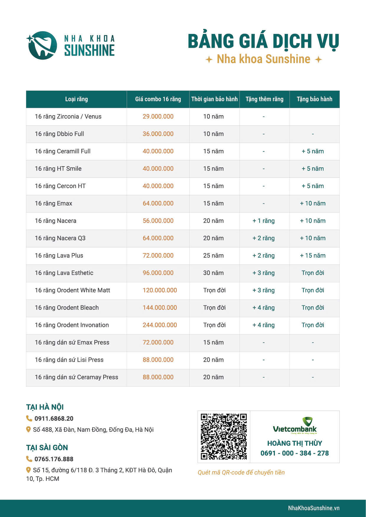 Tham khảo bảng giá uy tín tại Nha khoa Sunshine